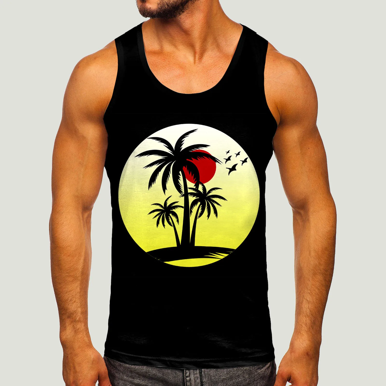 Men Fashion Spring Summer Casual Sleeveless O Neck Printed Tank Tops Blouse Print Muscle Outdoor Beach Leisure Men's Tank Tops