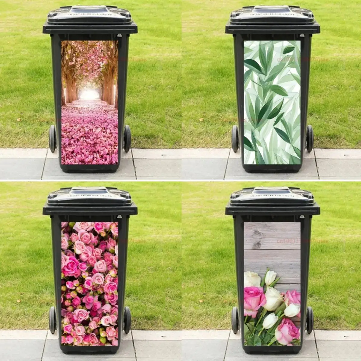 INS Flower Printed Outdoor Trash Sticker Waterproof Vinyl PVC Green Leaves Plant Trash Can Poster Decorations Rubbish Bin Decals