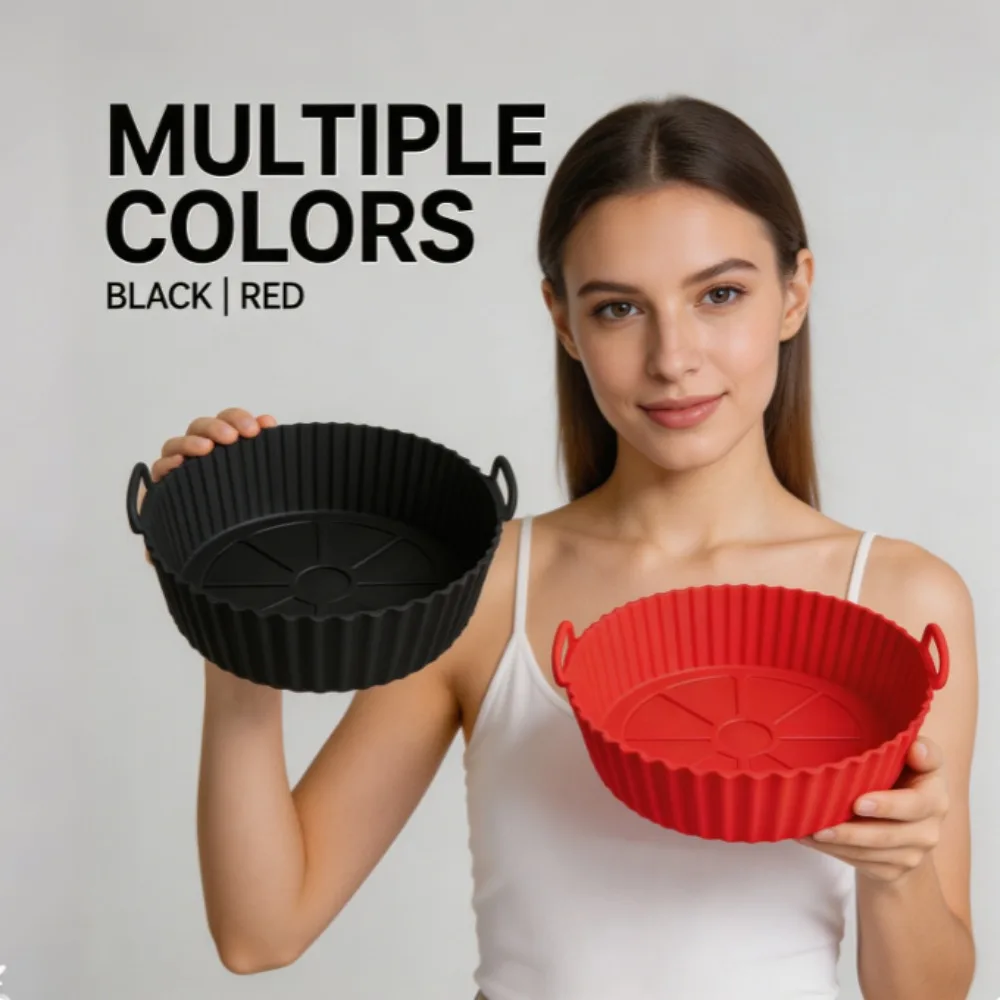 Round Silicone Air Fryer Liner Reusable Heat Resistant Non-Stick Baking Tray with Handles