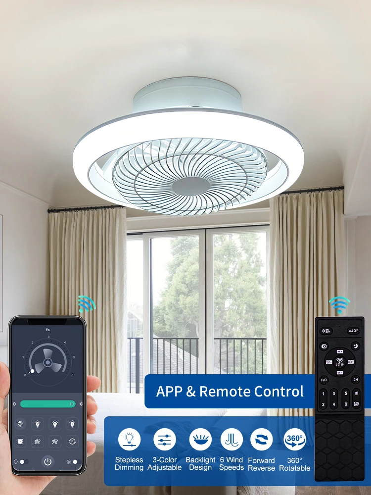 49cm Moderner Deckenventilator mit LED-Beleuchtung Smart App Fernbedienung Stufenlose Dimmung Geräuscharm 360° °   Ventilator mit Beleuchtung für Schlafzimmer und Heimdekoration