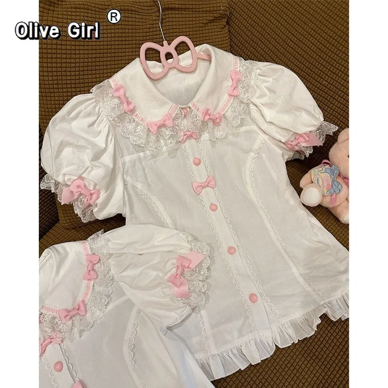 Olivegirl Blouse Shirt Women Girl's Top Lolita Cute Versatile Lolita with Stripes Strawberries Pink Bow Original Summer Shirt