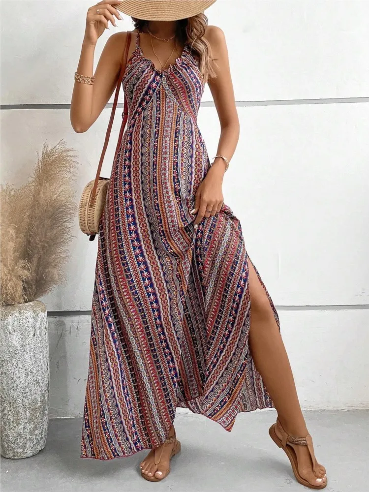 Abito con stampa di moda per le donne Casual sexy scollo a V senza maniche Backless Abiti larghi Robe Femme Holiday Boho Beach Party Vestidos