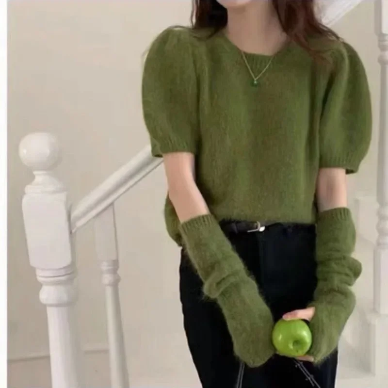 Women Autumn Round Neck Pullover Korean Chic Removable Sleeve Solid Colour Jumper Fashion Short Lazy Style Bubble Sleeve Sweater