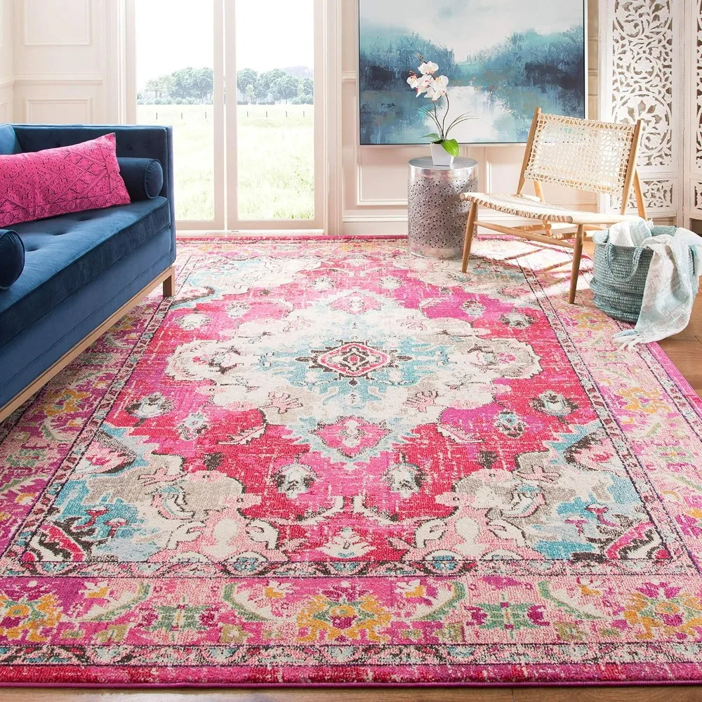 

6'7" x 9'2"Area Rug, Pink & Multi, Boho Medallion Distressed Design, Non-Shedding & Easy Care, for High Traffic Areas, Carpet