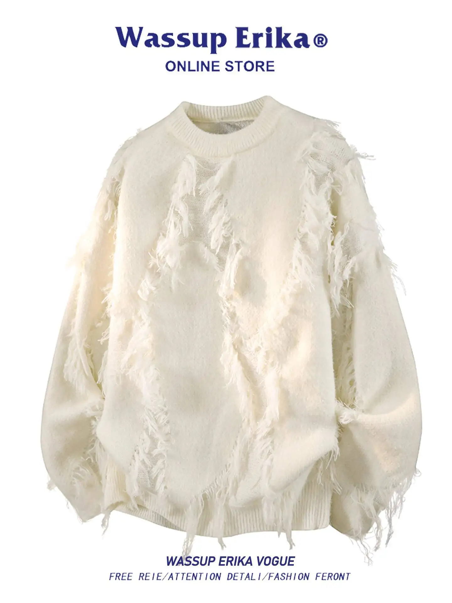 

Unisex Fashion Knit Sweater Slouchy Fringe Crew Neck High End Long Sleeve Trendy Pullover