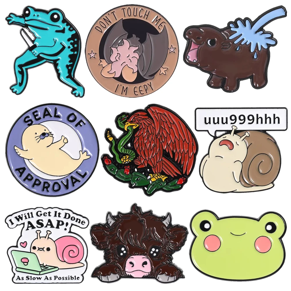 Cartoon Animal Enamel Brooch Lapel Pin Frog Bat Sea Lion Eagle Snake Computer Sleeping Snail Metal Badge Jewelry Friend Gift