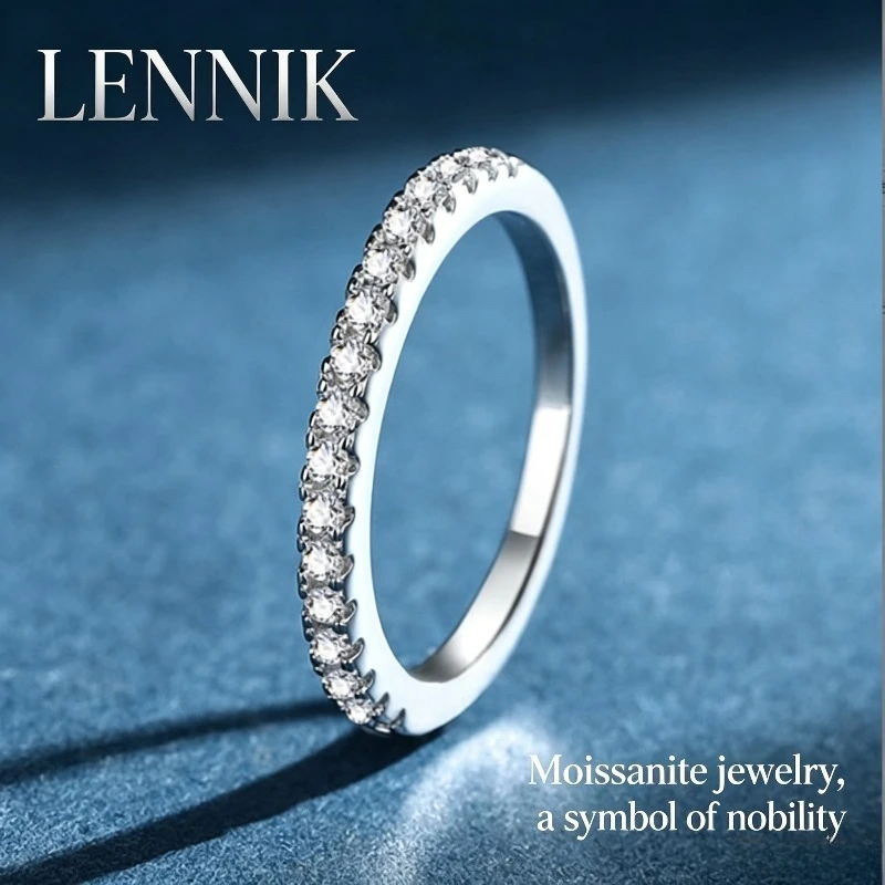 LENNIK 925 silver simple women's moissanite ring narrow version with ring simulation single row half circle full diamond ring