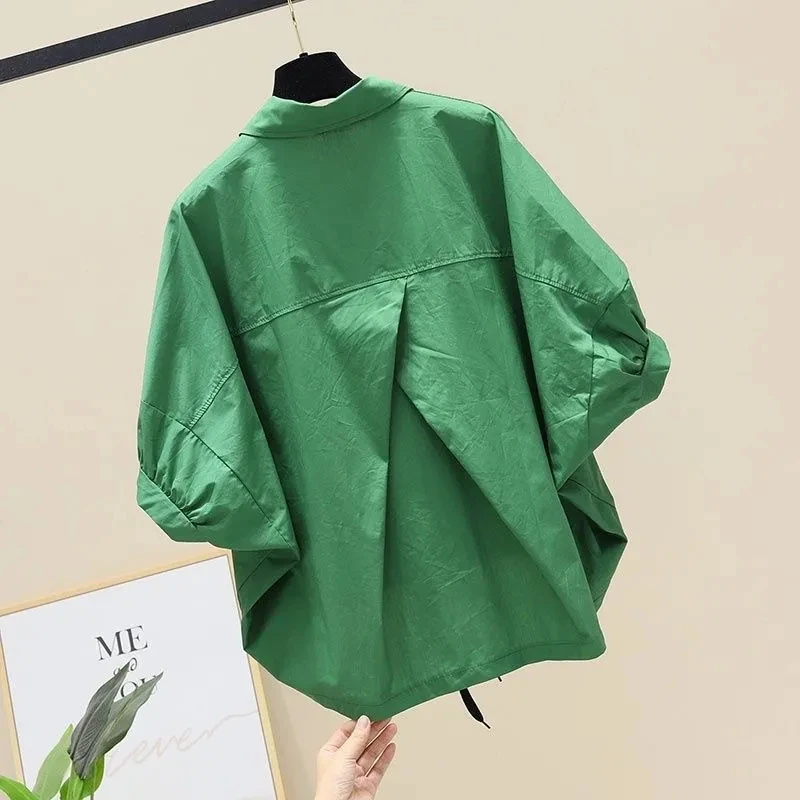 Design Batwing Sleeve Summer Blouses Big Size 3xl Thin Shirts Women Single Breasted Lapel Casual Blusas Drawstring Loose Tops