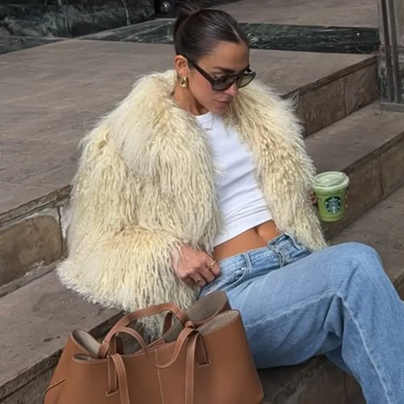 Talenza Winter Women Faux Fur New Plush Thick Collar Coat Office Warm High Street Solid Fashion 2025 Vintage Women Faux Fur Coat