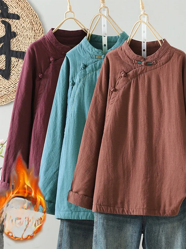 

New Retro Chinese Sle Cotton Jaet Lightweight Hooded Collar Button up Women's Large Size Winter Coat Straight Cut Design