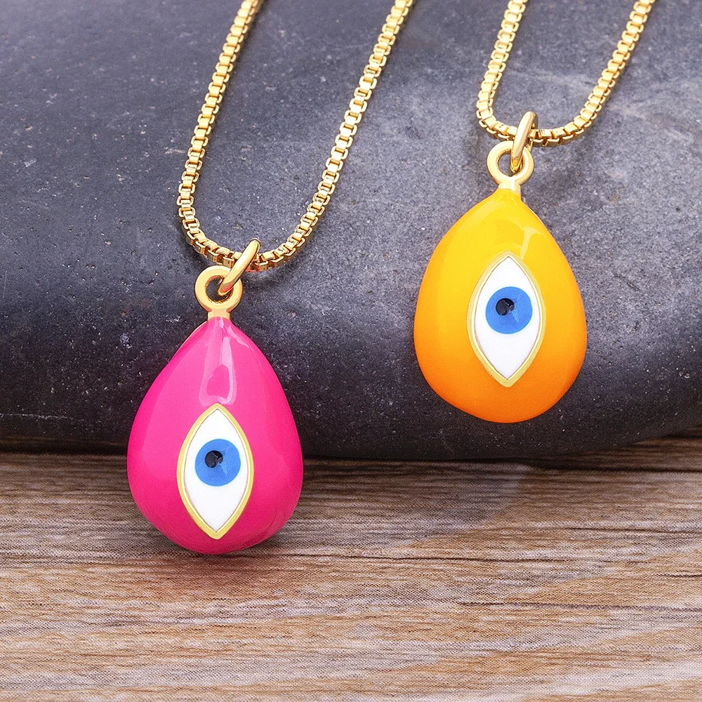 Nidin Fashion Design Micro Pave Geometric Enamel Drop Oil Turkey Blue Evil Eye Pendant Candy Color Chain Necklace Jewelry Gift