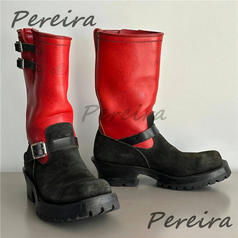 Retro Black and Red Spliced Motorcycle Boots Belt Buckle Square Toe Thick Soled Suede Leather Chelsea Boots Trend Men's Shoes