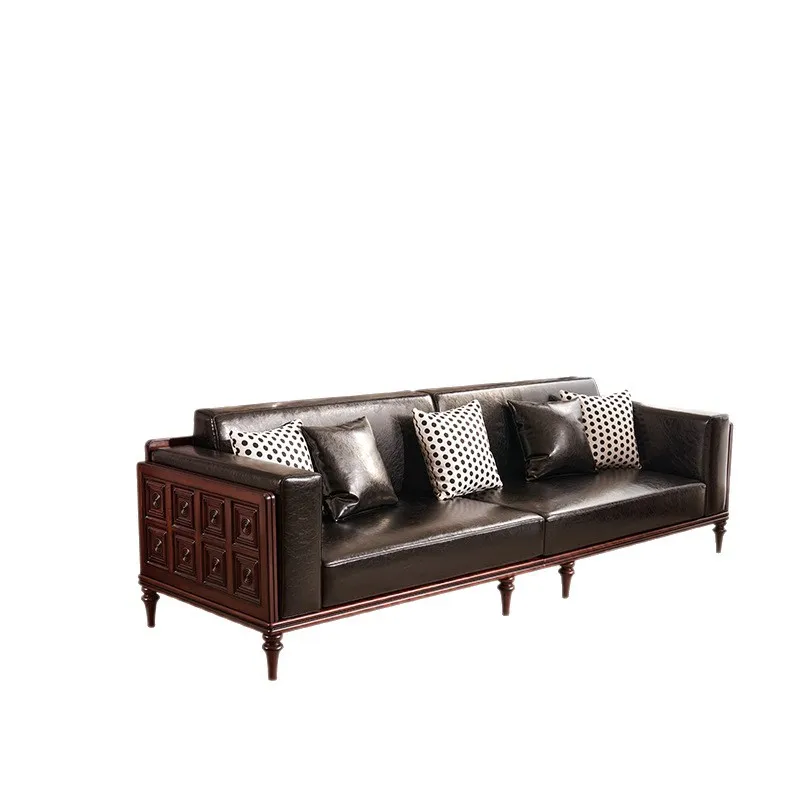 

Medieval solid wood sofa living room French retro 2.8m four-person straight row ecological oil wax leather sofa