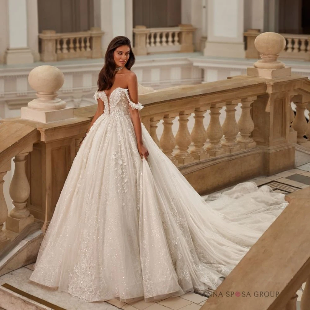 

EVLAST Customized Shiny Sparkly A Line Wedding Dress Floral Lace Appliques Beading Wedding Bridal Gown Robe De Mariee TBD127