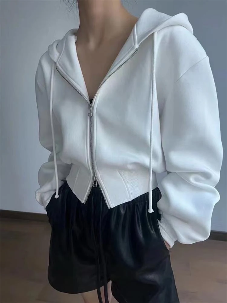 Casual Short Hooded Sweatshirt Women Zip Up Hoodies Mujer Solid Harajuku Long Sleeve Slim fit Crop Top Female Jackets Coat — zdjęcie 7