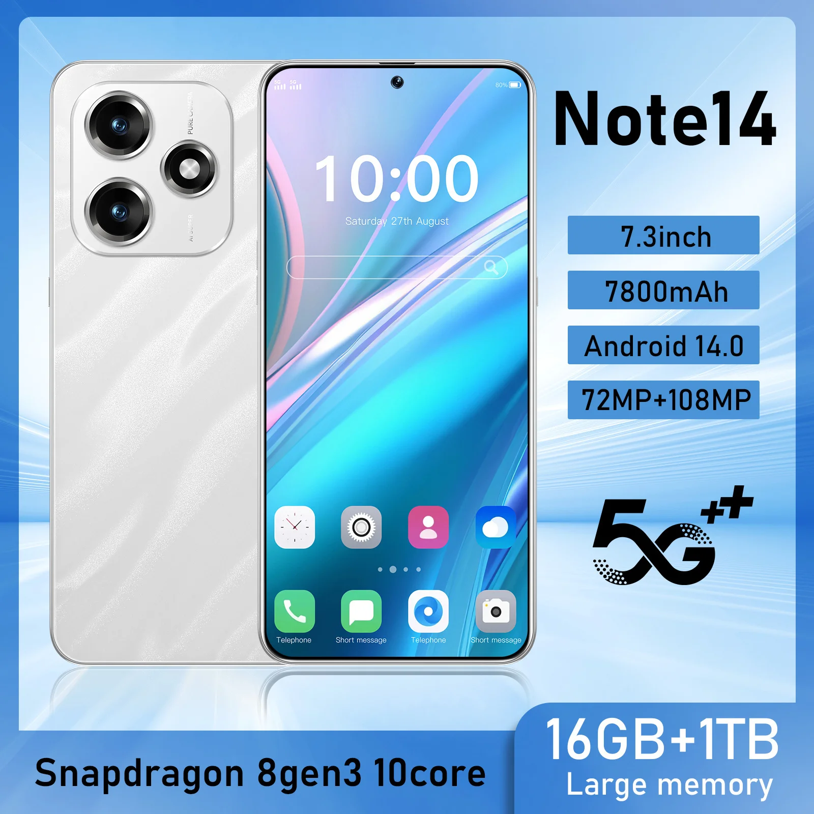 

Note 14 Global Edition 7.3-inch 2025 original smart 5G phone dual card dual standby Android14 system 7800mAh battery