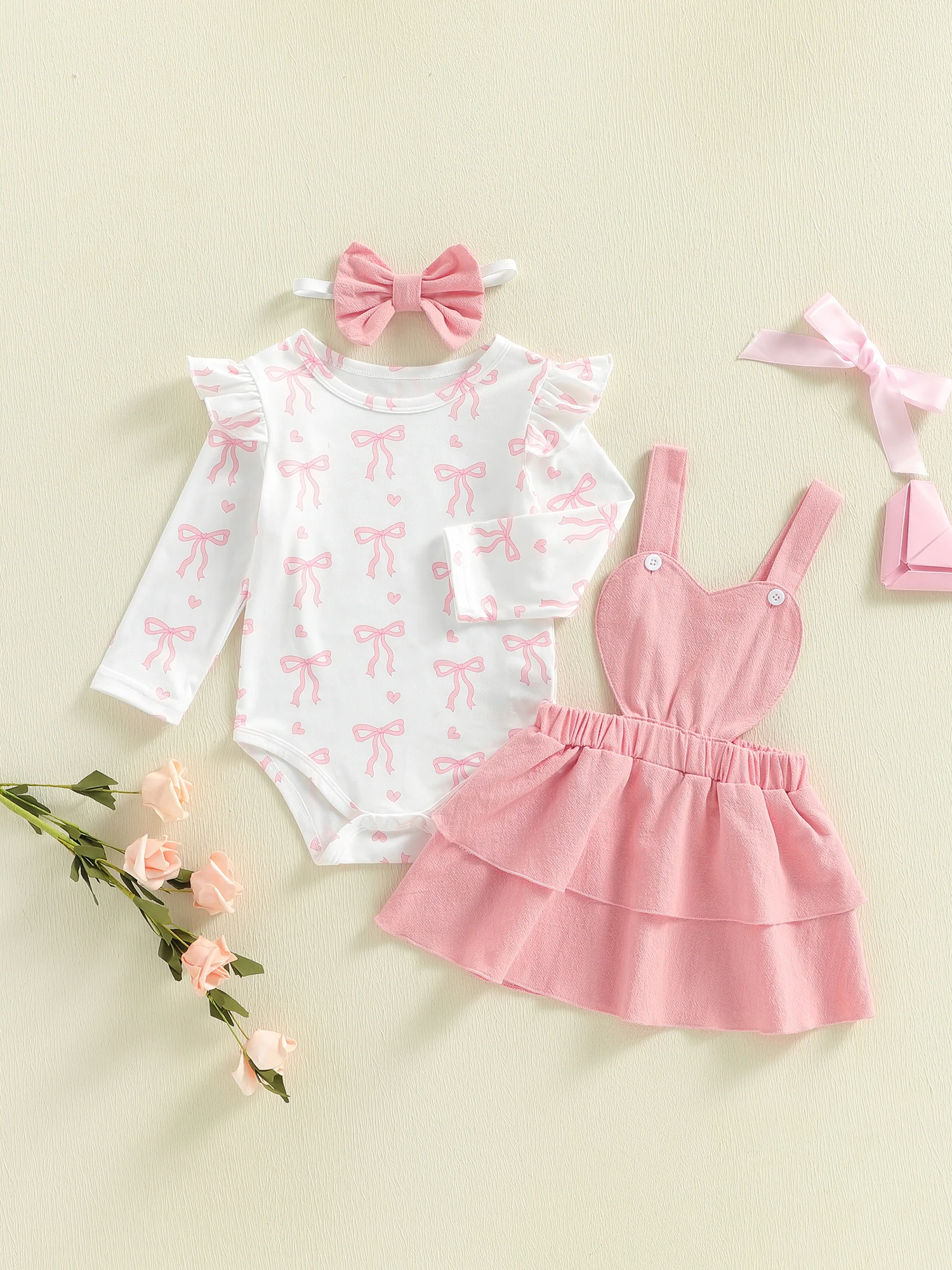 

Adorable Toddler Valentine s Day Ensemble Stylish Heart Patterned Romper Matching Dress and Headband Set for Girls