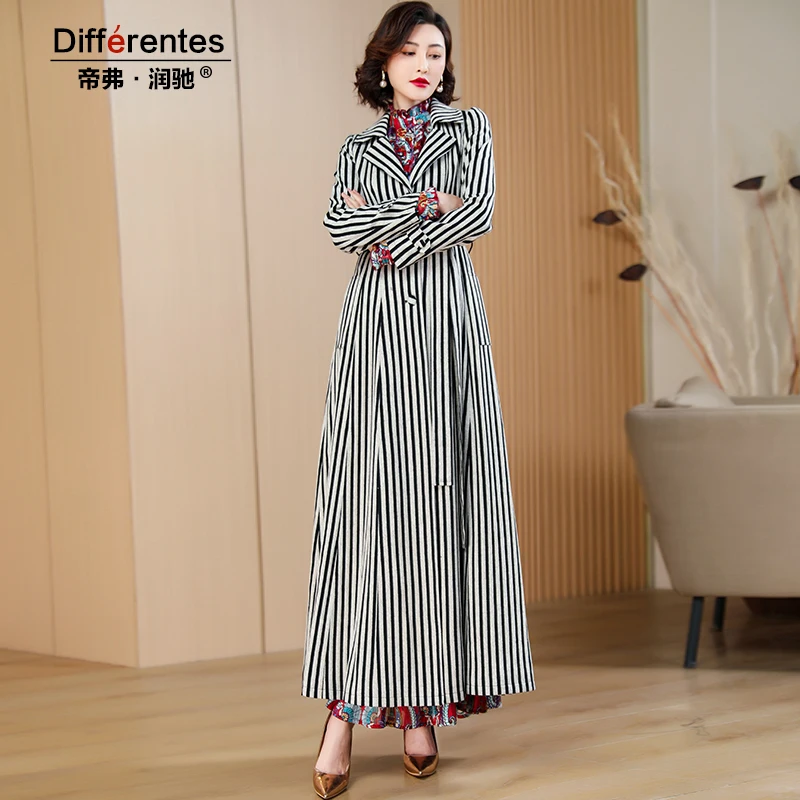 

2024 New Trench Women Winter Striped Coat X-Long Jacket Single Breasted Turn-down Collar Outwear Office Lady with Belt