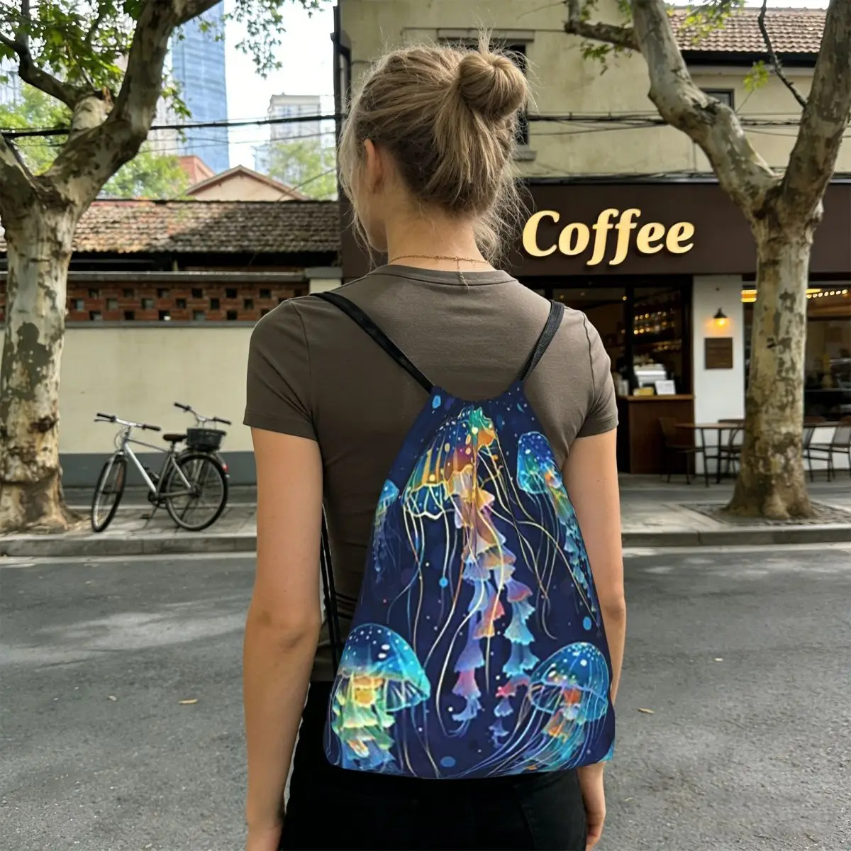 

Blue Purple Jellyfish Underwater Backpacks Multi-function Drawstring Bundle Pocket Shoes Bag Book Bags for Travel Students