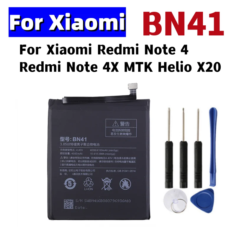 BN41 4100mAh Battery For Xiaomi Redmi Note 4 / Redmi Note 4X MTK Helio X20 Batteries + Tools