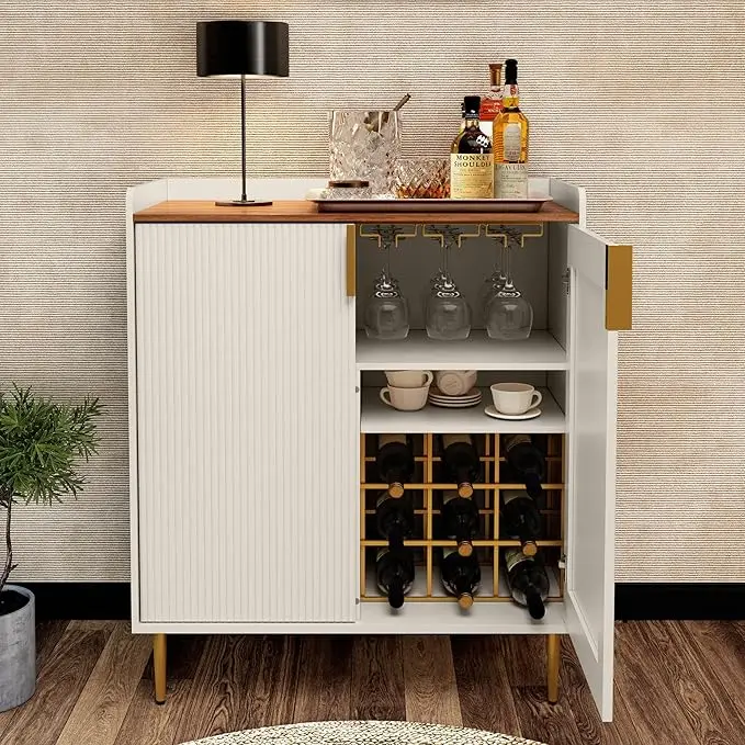 Sideboard Buffet Cabinet with Fluted Texture, Modern Coffee Bar Cabinet with Wine Rack&Drawers, Black Liquor Cabinet