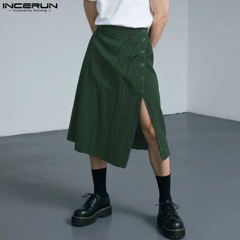 INCERUN 男性ストライプスカートパンツボタン分割カジュアル男性ボトムスストリートルーズ 2025 人格ファッション男性スカートズボン