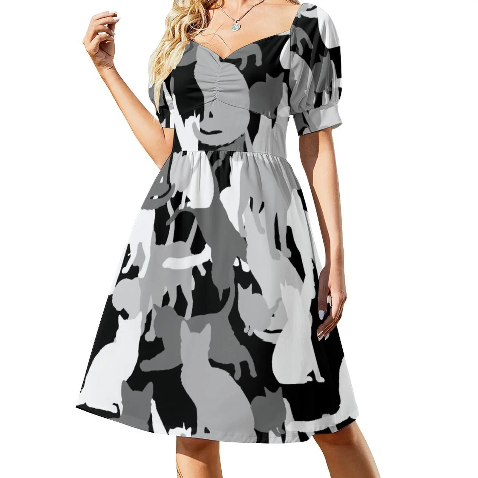 

Grey black Cat-moflage Camouflage repeat pattern Short Sleeved Dress Dress woman prom clothes Dress