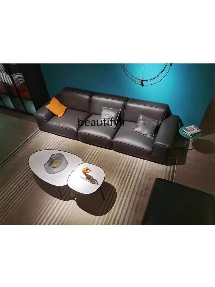 

zxqLeather Sofa Simple Italian Imported First Layer Cowhide down Lazy Soft Bag Solid Wood Frame Minimalist Straight Combination