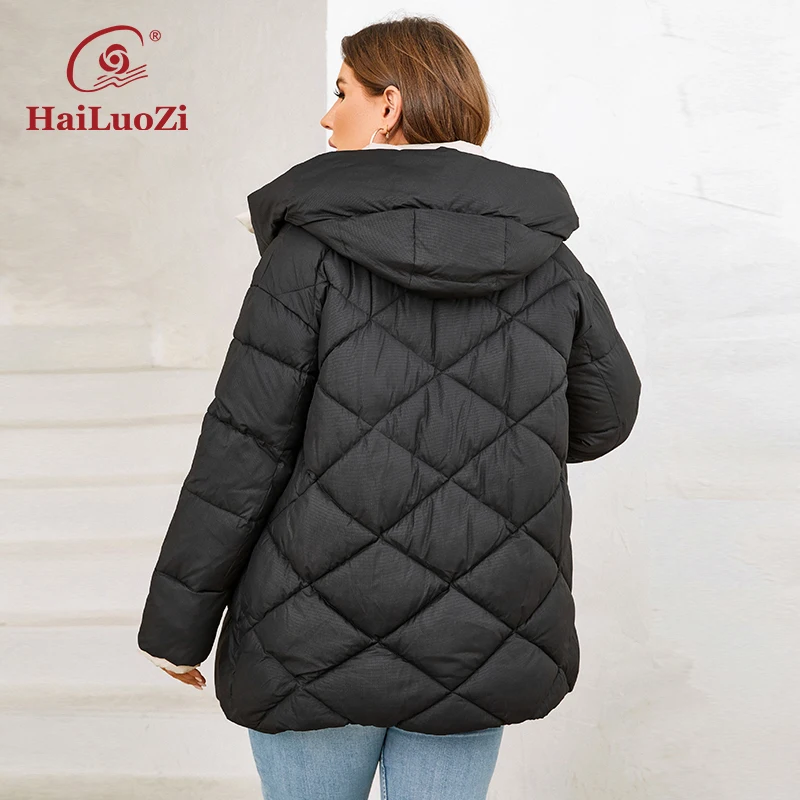 HaiLuoZi 2023 New Women\'s Winter Jackets Plus Size Short Warm Hooded Female Outwear Zip Up Quilted Stylish Coat Women 1170