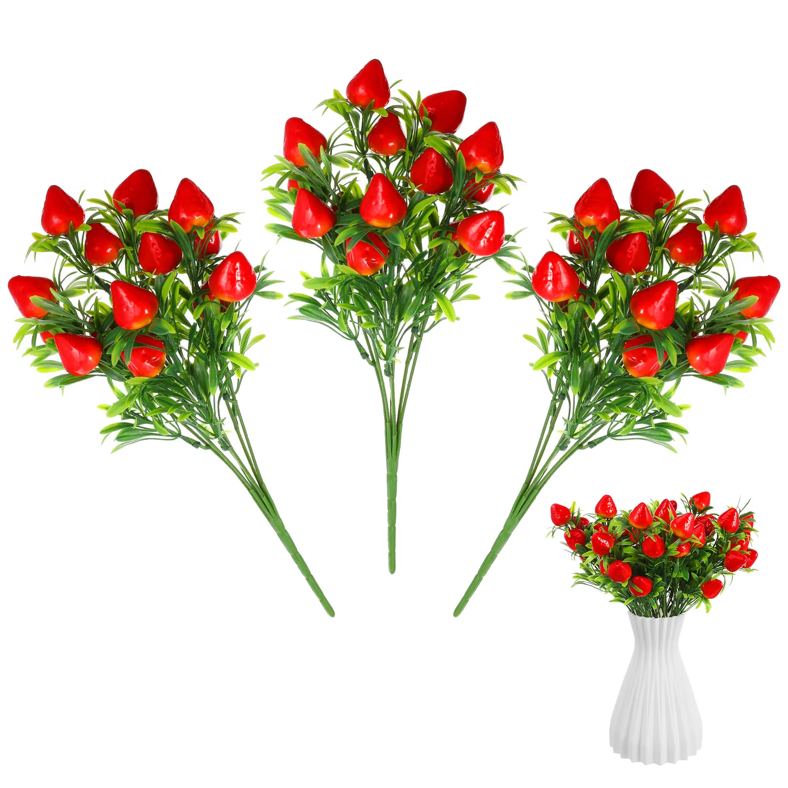 3 Pcs Fake Plant Simulation Strawberry Bouquet Office Strawberries Branches Pvc Decor