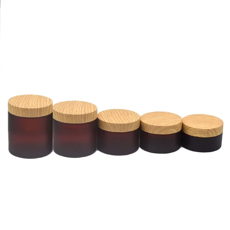 22Pcs Frost Brown Cream Jar Wide Mouth Bottle False Wood Lid 100ml 120ml 150ml 200ml 250g Empty Cosmetic Pots Plastic Containers