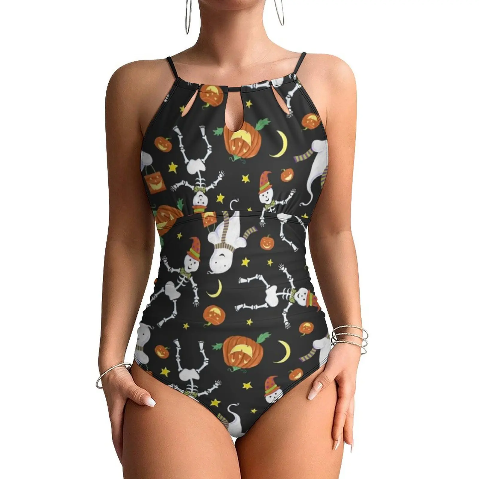 

Купальник со скелетом на Хэллоуин, купальник с эффектом пуш-ап и тыквой, цельный купальный костюм для бассейна, купальники, пляжная одежда, большие размеры