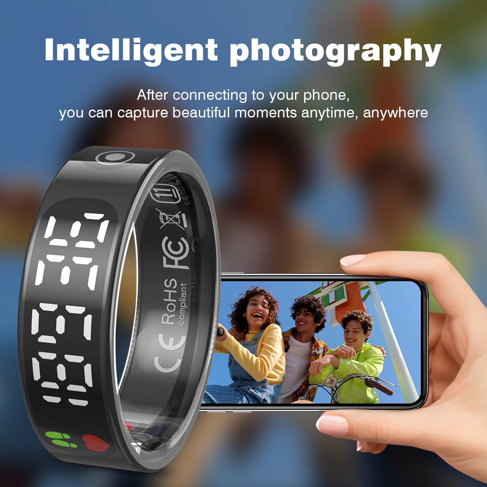 แหวนอัจฉริยะ 2025, กันน้ำระดับ IP68, รองรับโหมดกีฬาหลากหลาย, ติดตามการนอนหลับ, ถ่ายภาพระยะไกล, ใช้งานร่วมกับ iPhone และ Android