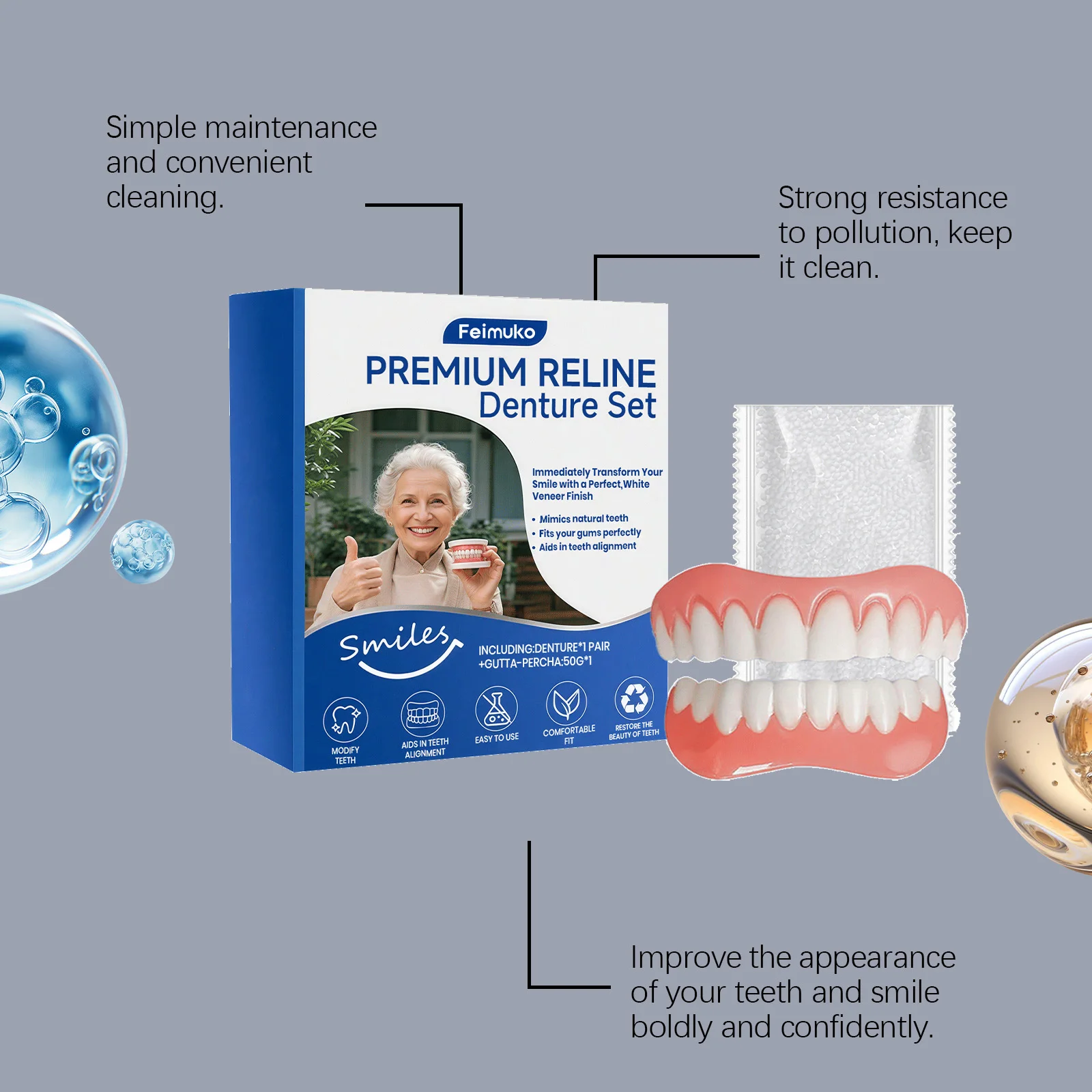  Feimuko Premium Resin Denture Set Perfect Fit Natural-Looking Reusable Safe Material Gentle On Gums