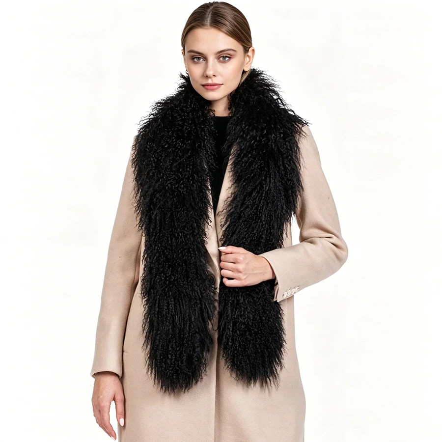 

Black Mongolian Lamb Fur Scarf Long Real Lamb Fur Shawl Warm Fur Neckerchief Fashion Genuine Fur Stole For Women
