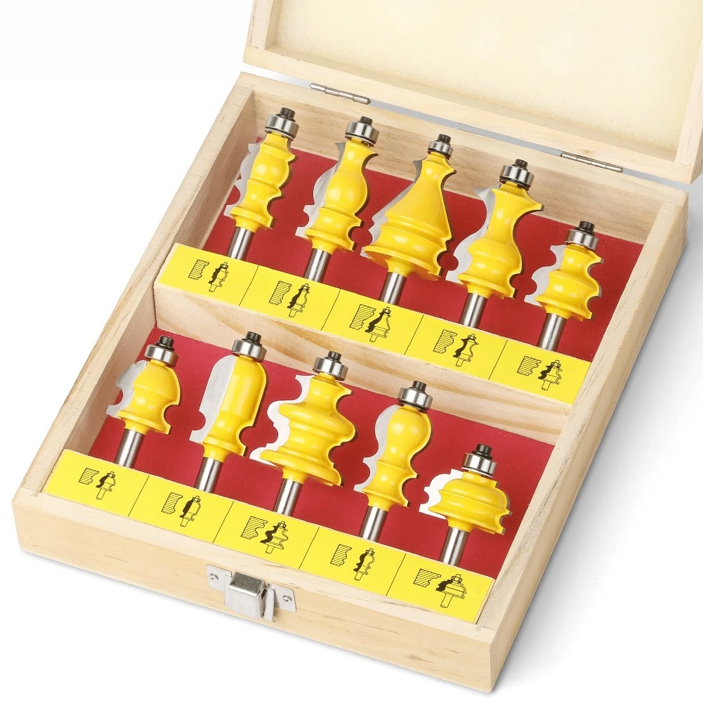 10Pcs Woodworking Router Bit Set with 8mm Shank for Decorative Molding and Cabinet Doors
