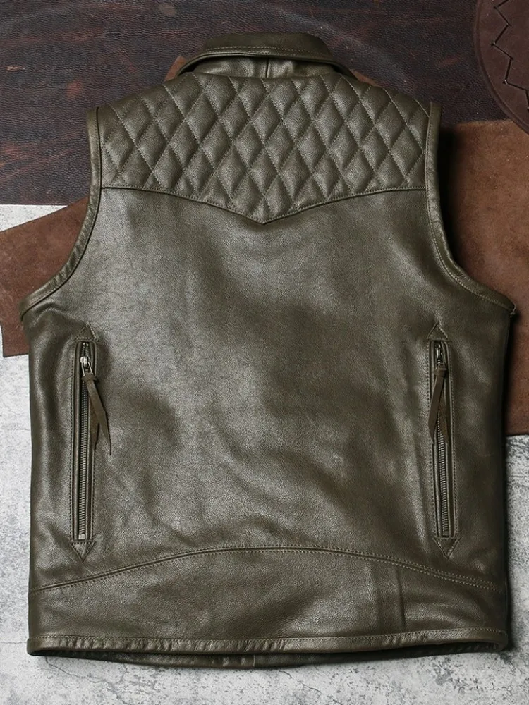 Leisure Style Solid Color Lapel Handmade Genuine Leather Vest Slim Single Breasted Pocket Cowhide Male Sleeveless Outerwear