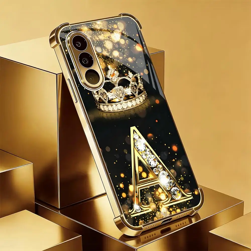 Black Gold Crown Diamond Letter A Glass Phone Case Suitable for Samsung Galaxy S26 S25 S24 S22 S21 S20 FE/Ultra/Plus Anti Drop