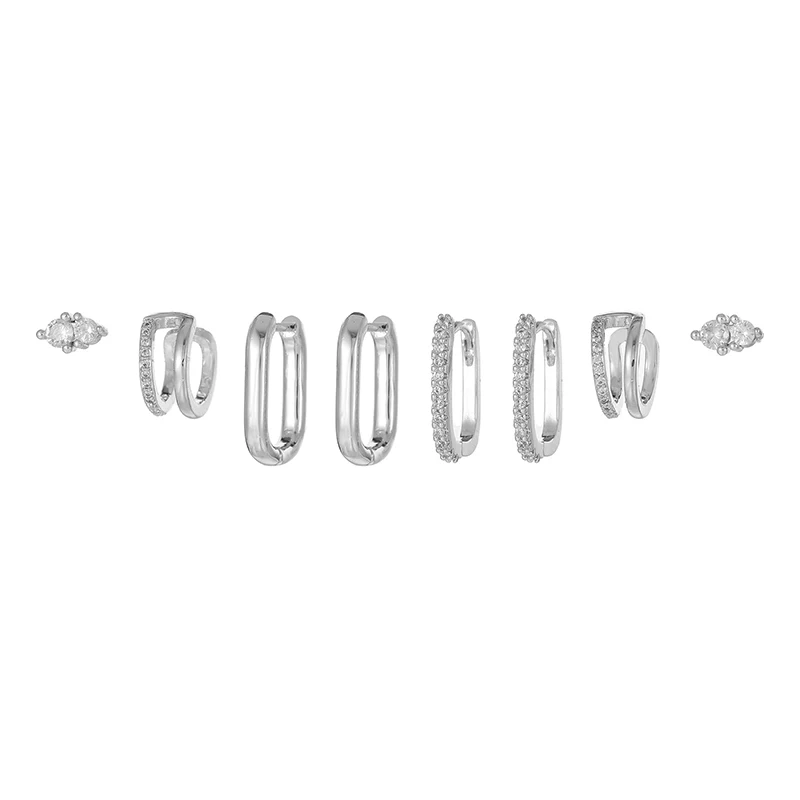 

8pcs Silver Color Geometry Hoop Earrings for Women Exquisite CZ Zirconia Piercing Stud Earrings Woman Fashion Jewelry Accessory