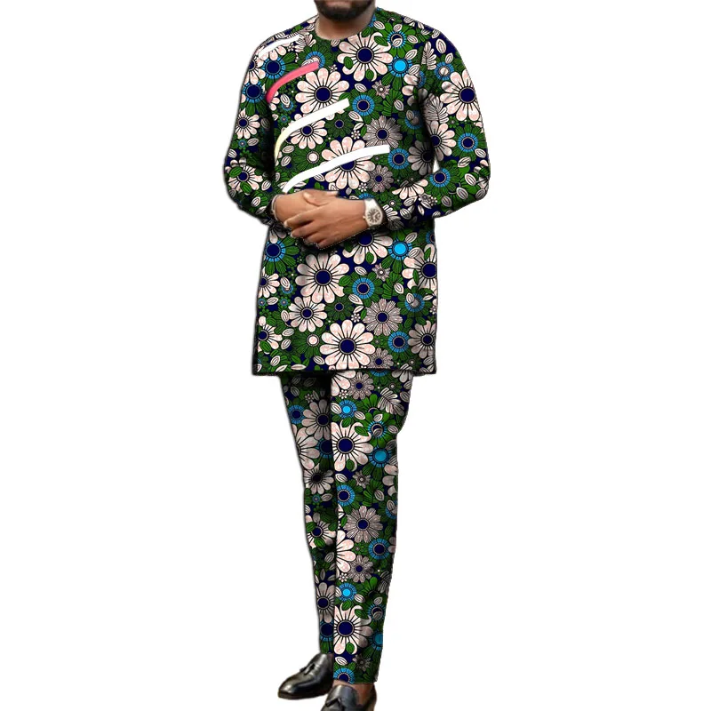 التصميم الأصلي للرجال ملابس مطبوعة أفريقية شريطية مرقعة عملية قميص رقعة مرونة الخصر السراويل مصممة ملابس الحفلات #5