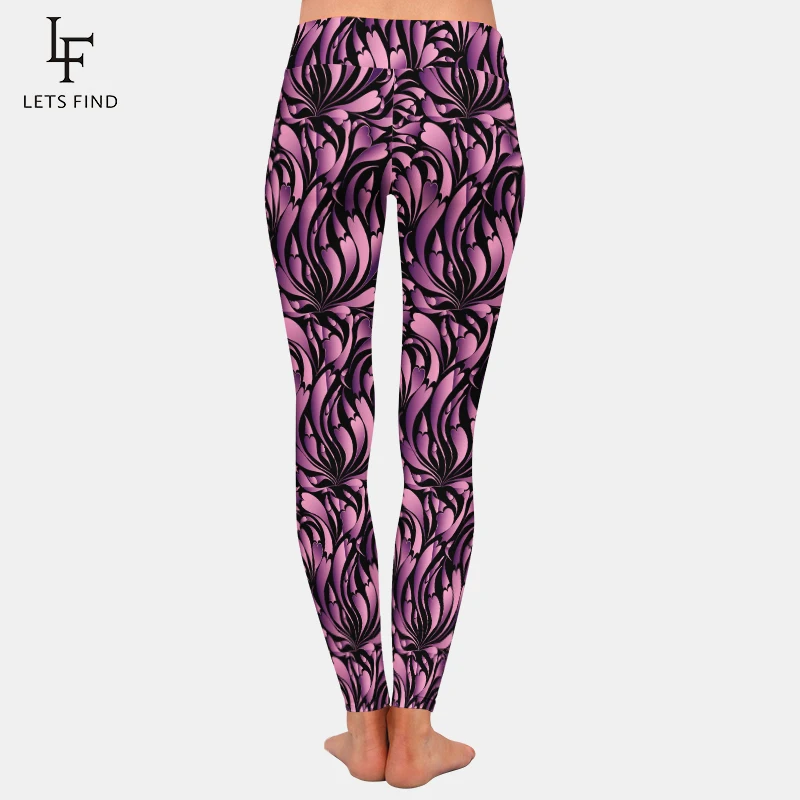 LETSFIND New Purple Flower 220gsm Double Side Brushed Milk Silk Digital Printing High Waist Women Leggings