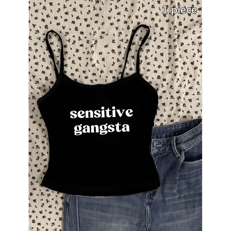 Women Funny Text Graphic Cami Top Aesthetic Sleeveless Black Spaghetti Strap Crop Tank Vest