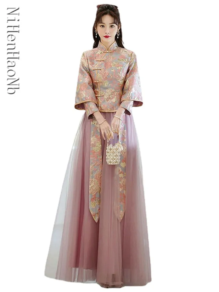 Chinese Traditional Wedding Bridesmaid Dress 2023 Pink Cheongsams Long Hanfu Tang Suit Sets Formal Evening Dresses For Women