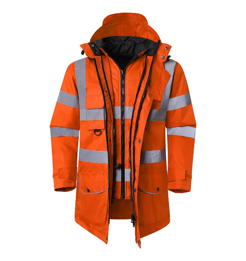 Safety Jacket Reflective Waterproof Windproof Coldproof Hi Vis 7 in 1 Parka Windbreaker Workwear with Detachable Cotton Linner