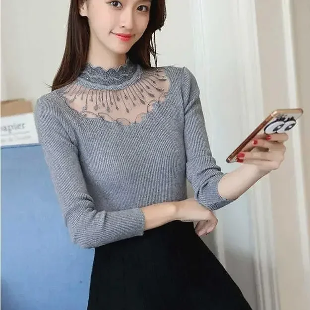 Autumn and Winter New Women\'s Clothing Slim-Fit Turtleneck Pullover Bottoming Sweater Lace Stitching Long Sleeve Sweater