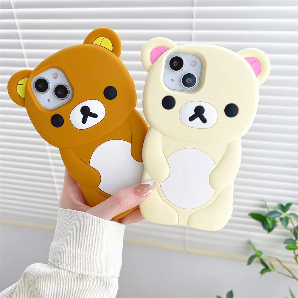 Cute Cartoon Rilakkuma Bear Silicone Soft Cover Case For iPhone 16 15 14 13 12 11 Pro Max mini Plus X Xs XR 6 7 8 Plus SE