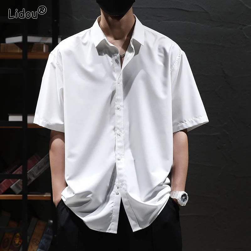 

Business Casual Fashion Handsome Shirts Streetwear Turn-down Collar Solid Office Button Printing Short Sleeve Men's Clothing