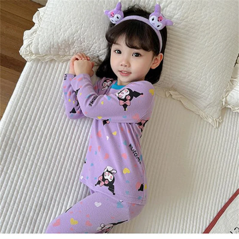 New Cute Sanrioed Children Thermal Underwear Autumn Pants Anime Kuromi My Melody Kids Home Clothes Pajamas Girls Sleepwear Gift