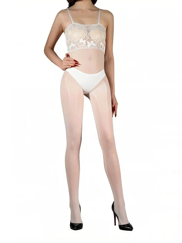 Lace Tube Top Strapless Jumpsuits Glossy Smooth Lady Erotic Lingerie Bodysuit Stockings One-Piece Transparent Dance Wear Leotard