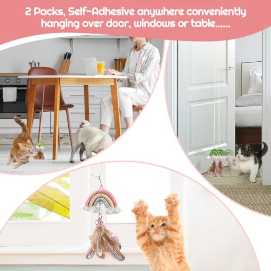 ألعاب ريش القط 2pack ألعاب دعابة القطط القابلة للسحب ذاتية اللصق معلقة لعبة القط التفاعلية للقطط الداخلية هريرة اللعب تشيس Ex